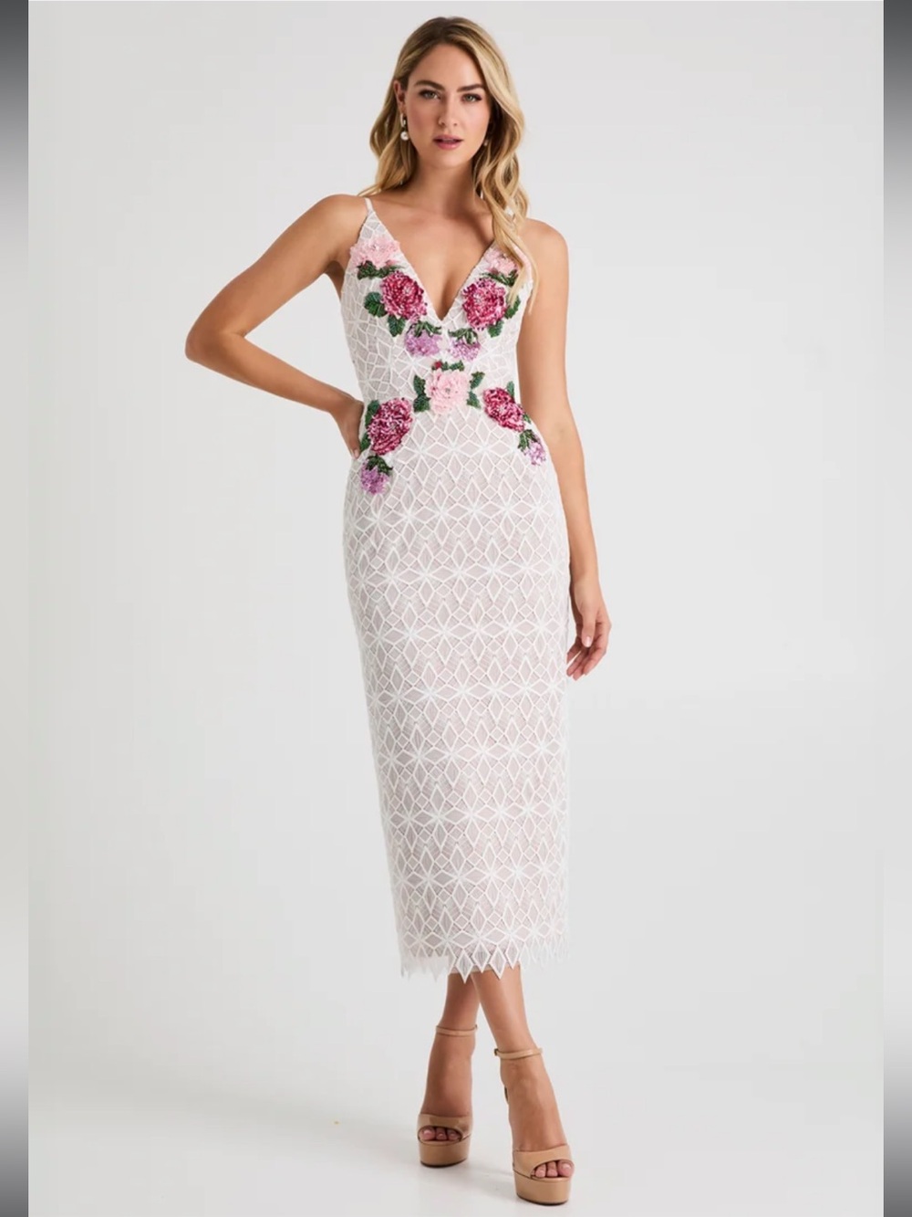 helsi domenique white & pink 3d floral applique deep v neck maxi gown dress XS